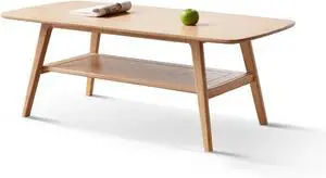 Wood Coffee Table - 100% Solid Oak Wood - Double Storage Coffee Table, Eco-Friendly Finish Center Table - Easy Assembly (Natural, 31.49" D x 19.68" W x 17.32" H)