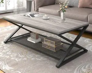 LVB Gray Coffee Table, Farmhouse Wood Metal Center Table with Storage for Living Room, Industrial Wooden 2 Tier Rectangle Cocktail Tea Table with Mesh Shelf for Office Bedroom, 47 inch, Light Grey Oak