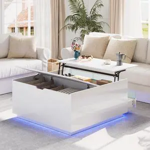 High Gloss Coffee Table with Storage,White Square Lift Top Coffee Tables with LED & Flip Lid, Small Modern Coffee Table for Living Room with Drawer