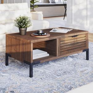 Bme Millie Solid Wood Coffee Tables, Industrial Modern Living Room Center Desk with 2 Storage Drawers & Assembly Under 5 Minutes, Rustic Chestnut