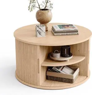 LINSY HOME Round Coffee Table, 31.5" Drum Coffee Table with Sliding Tambour Door, Fluted Accent Center Table with Storage, Mid Century Modern Coffee Table for Living Room, Oak
