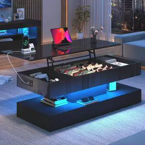 47.2" Large Lift Top Coffee Table,Modern High Glossy LED Coffee Tables for Living Room with Storage,Black Living Room Tables for Living Room,Dining Room,Bedroom Home Office,APP LED LightsBlack
