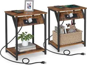 VASAGLE End Table with Charging Station, Set of 2, Small Side Tables for Living Room, Bedroom, Nightstand with Outlets and USB Ports, Bedside Table with Storage Shelf, Rustic Brown and Black