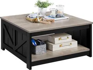 Yaheetech Farmhouse Coffee Table, Square Wooden Coffee Table for Living Room with Open Storage Shelf, 35.4 in Living Room Center Table for Home, Office, Reception Room, Gray & Black