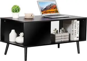 SUPER DEAL 2 Tier Retro Modern Coffee Table with Open Storage Shelf for Living Room, 40 Inch Rectangle Wooden Accent Center Table Sofa Side Table for Indoor Bedroom Apartment Small Spaces, Black