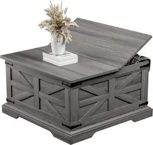 Farmhouse Coffee Table with Storage, Square Center Table for Living Room, Rustic, Hinged Lift Top Soft Close, Wood, Large Hidden Storage, Modern, Metal Corner, Grey