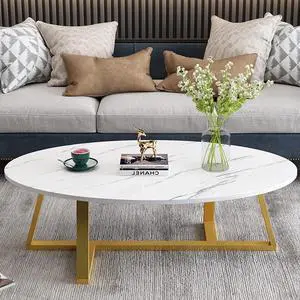 Coffee Table White Faux Marble Coffee Table for Living Room,Oval Center Table Modern Tea Table for Small Space,Wooden Living Room Tables End Table with Sturdy Gold Metal Leg