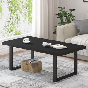 IBF Modern Black Coffee Table, Minimalist Industrial Wooden Center Table, Simple Farmhouse Rectangle Living Room Table, Wood and Metal Cocktail Coffee Table for Home Bedroom Office, Black Oak, 47 Inch
