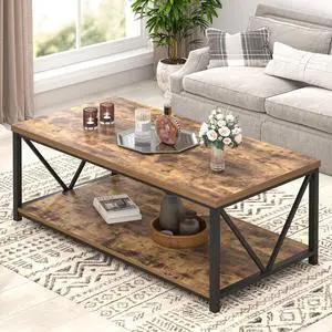 EXCEFUR Modern Coffee Table, Rustic Wood and Metal Living Room Table with Storage Shelf, Industrial Rectangle Center Table, 47 Inch Brown