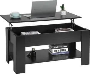 PayLessHere Coffee Table Lift Top Coffee Tables with Hidden Compartment and Storage Shelf Wooden Lift Tabletop Dining Table for Living Room Home (Black, 39" D x 28" W x 24" H)