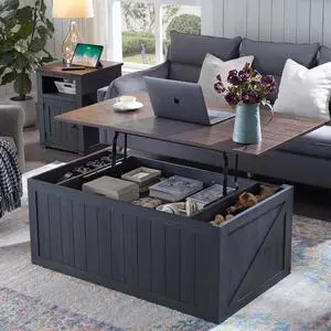 48" Lift Top Coffee Table, Farmhouse Cocktai with Sliding Groove Barn Door, Rustic Wood Center Table w/Double Storage Spaces for Living Room, Dark Grey