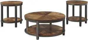 Signature Design by Ashley Roybeck Rustic Round 3-Piece Table Set, Includes 1 Coffee Table and 2 End Tables with Fixed Shelf, Light Brown