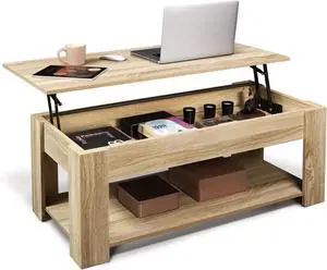 CAPHAUS Lift Top Coffee Table w/Storage, Storage Coffee Table w/Lift Top for Living Room, Rising Tabletop Coffee Table w/Hidden Compartment, Coffee Table w/Bottom Open Shelf, 41" Natural Oak