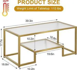 Coffee Table Gold Glass Coffee Table for Living Room,2 Tiers Rectangle Center Table with Ribbed Glass Top and Sturdy Metal Frame,Modern Glass Accent Table for Bedroom Home Office