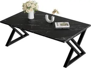 Coffee Table Living Room Table Black Center Table, Simple Modern Faux Marble Rectangular Tea Table with Sturdy Black-Finished Metal Frame,Industrial Wooden Coffee Table for Bedroom Home Office