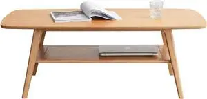 Wood Coffee Table - 100% Solid Oak Wood - Double Storage Coffee Table, Eco-Friendly Finish Center Table - Easy Assembly (Natural, 47.24" D x 22.04" W x 17.32" H)