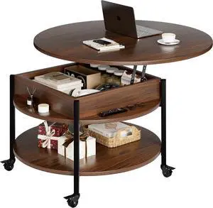 FABATO Round Lift Top Coffee Table with Wheels, Circle Center Table with Storage and Compartment, 26.77 Rolling Coffee Table for Living Room, 2 Tier Small Coffee Table Circle Dining Table, Espresso