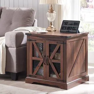 JXQTLINGMU Farmhouse End Table, 24" Large Sofa Side Table with Charging Station, Mesh Barn Door, and Adjustable Storage Shelf, Rustic Wood Square Nightstand for Living Room, Bedroom, Office, Brown