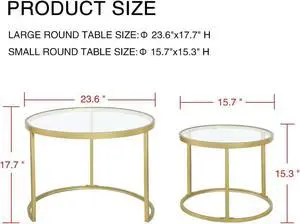Round Nesting Coffee Table Gold Set of 2 for Living Room, Modern Side Tables with Sturdy Metal Frame and Tempered Glass.Minimalist End Table,Cocktail Table for Dining Room,Home Decor