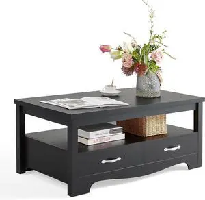 LINSY HOME Farmhouse Coffee Table with Storage, Wood Coffee Table for Living Room, Open Display Area and Storage Drawers with Metal Handles, Chic Style with Curved Base, Black