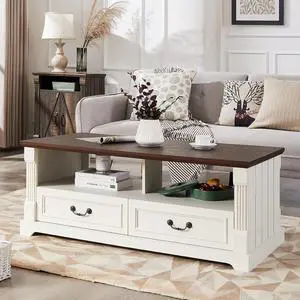 48'' Wood Coffee Table for Living Room, Farmhouse Coffee Table with Storage, Rustic Center Table for Living Room with 4 Drawers, Farmhouse & Industrial Cocktail Table for Home