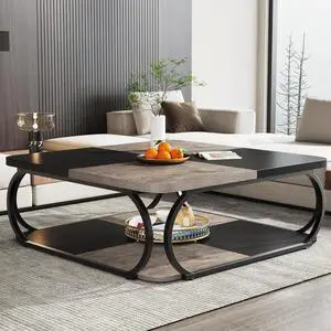 Tribesigns Coffee Table with Open Storage Shelf for Living Room, 39 Inch Large Wood Center Table Square Low Coffee Tables 2 Tier Farmhouse Tea Table with Metal Frame for Home Office, Black Rustic Grey