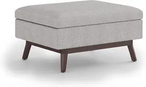 SIMPLIHOME Owen 34 inch Wide Mid Century Modern Rectangle Coffee Table Storage Ottoman in Cloud Grey Polyester Fabric, Assembled, For the Living Room, Entryway and Family Room