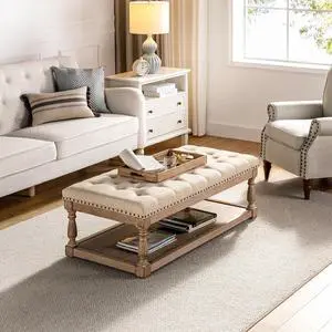 HULALA HOME Rectangle Ottoman Coffee Table with Tray, Tufted Living Room Ottoman with Solid Wood Storage Shelf, Linen