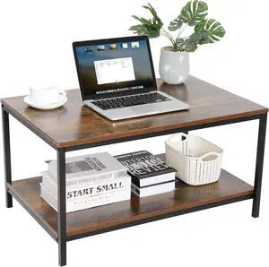 ZenStyle Industrial Coffee Table with Storage Shelf for Living Room, Wood Look Accent Furniture with Vintage Wooden Board Stable Metal Frame Cocktail Table 2-Tier Tea Table, Rustic Brown