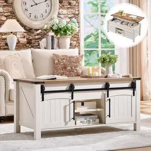 OKD Farmhouse Lift Top Coffee Table with Sliding Door, 48" Large Rustic Center Table with Hidden Storage Compartment, Lifting Tabletop, Adjustable Shelf for Living Room, Office,Antique White
