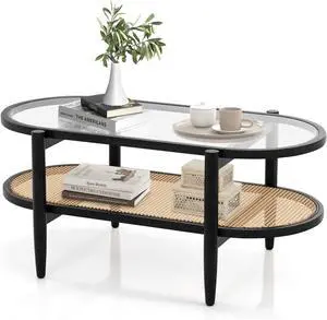 Tangkula Rattan Coffee Table, 40L Boho Oval Acacia Wood Cocktail Table with Tempered Glass Tabletop & PE Rattan Storage Shelf, 2-Tier Tea Center Table for Living Room Office Reception (Boho, Black)