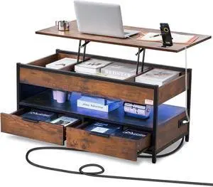 VEVOR Lift Top Coffee Table, 39.4 in Rectangle Coffee Table with Extra Storage Pockets, Pop Up Coffee Table with Power Strip & USB & Ambient Lighting for Living Room, Brown