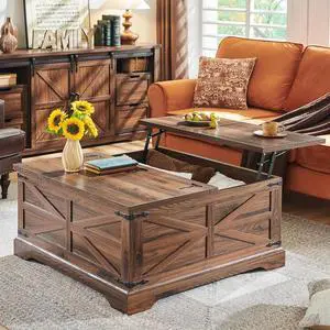 JXQTLINGMU Farmhouse Lift Top Coffee Table with Storage, 36" Wood Square Center Table with Large Hidden Compartment, Rustic Lift Tabletop Dining Table for Home Living Room, Brown