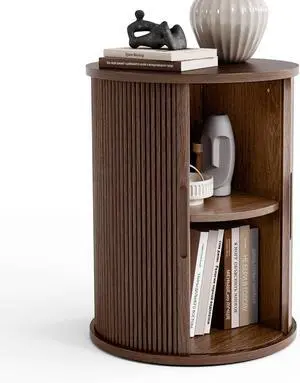 LINSY HOME Round Fluted End Table, Tall Side Table with Sliding Tambour Door and Storage Shelf, Modern Bedside Table, Mid-Century Nightstand for Living Room, Bedroom, Walnut