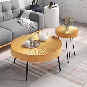 Giantex Boho Round Coffee Table Set of 2, Sofa Side Nesting Table with Solid Pine Wood Top, Metal Legs & Adjustable Foot Pads, 31.5" D Large Table Set for Living Room (Radial Pattern, Natural)