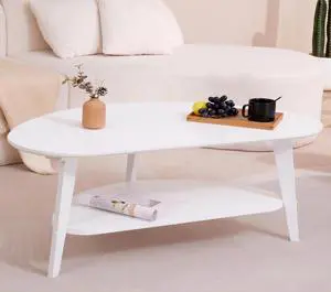 Mid Century Modern Coffee Table with Storage Shelf, Oval Coffee Tables for Living Room 100% Solid Bamboo Wood Coffee Table Fireproof Table Circle Round Center Table (White)