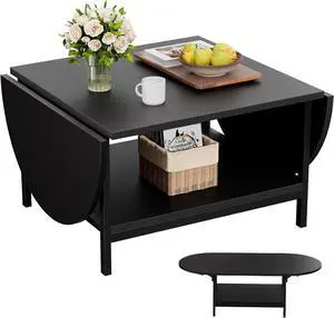 SAYGOER Black Coffee Table Modern Extended Coffee Tables with Storage for Living Room 2-Tier Unique Center Table with Two Foldable Panel for Any Large or Small Space, All Black