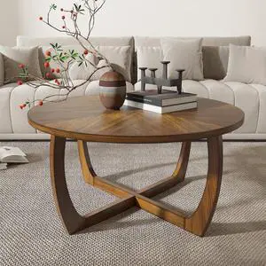 LEEMTORIG Round Wood Coffee Table, Mid Century Modern Round Walnut Coffee Table for Living Room, 33.5" Dia. Circle Drum Coffee Table with Cross Legs, Easy Assembly, Brown Walnut KFZ-3223