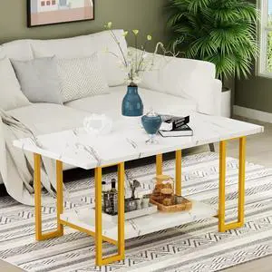 AWQM Marble Coffee Table, Faux Marble Top Rectangular Coffee Table with Gold Metal Frame, 2 Tier Living Room Table for Living Room, Office, Balcony, 40 Inch, White and Gold