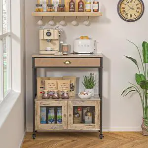 X-cosrack Large Coffee Bar Cabinet3 Tiers Kitchen Coffee Cart with Drawer for The Home, Movable Farmhouse Coffee Station Table on Wheels for Living Room, Entryway, Dining Room, Kitchen