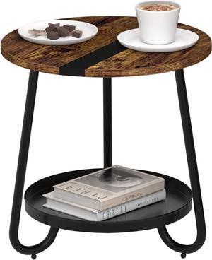 2 Tier Coffee Table in Living Room, Industrial Style Round End Table with Metal Tray, Small Outdoor Side Table for Bedroom Balcony Patio, Rustic Brown