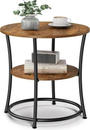 VASAGLE Side Table, 2-Tier Round End Table, Nightstand with Steel Frame for Small Spaces, Living Room, Bedroom, Rustic Brown and Ink Black