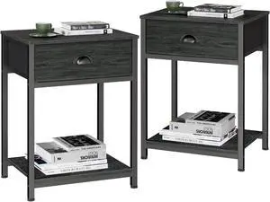 Furologee Nightstands Set of 2, Industrial End Table with Fabric Drawer&Storage Shelf, Small Bedside Table Organizer for Small Space for Living Room, Tall 23.6" Night Stand for Bedroom, Black Oak