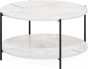 Furinno Besi 2-Tier Modern Round Coffee Table Table with Sturdy Metal Legs, Marble White/Black