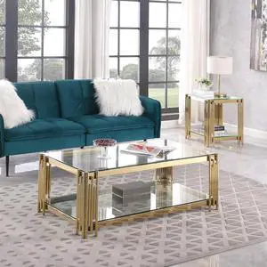 48" Glass Gold Coffee Table, Rectangular Glass Tea Table with Glass Top &Golden Stainless Steel Legs, Glass Center Table for Living Room (Gold)