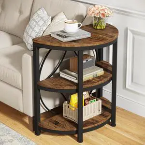 Tribesigns Half Round End Table for Living Room, 3-Tier Half Side Table with Metal Frame, Industrial Half Moon Table with Storage Shelves, Half Circle Accent Table for Entryway, Bedroom, Rustic Brown