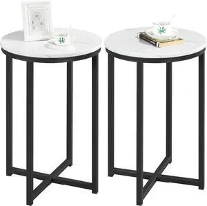 Yaheetech Round End Table Set of 2,16in Faux Marble Accent Table,Modern Side Table with Marble Top and Metal Frame,Small Coffee Table Telephone Table for Living Room/Small Space,Black
