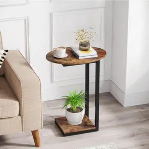 Hosfais Side Table Small End Table, C-Shaped Wood Sofa Table with Metal Frame for Living Room, Bedroom, Small Spaces (Rustic Brown)