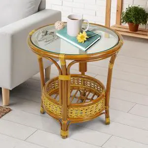 Pelangi Coffee Round Table Colonial Color Handmade ECO Natural Rattan Wicker with Glass Top