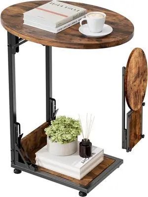 Elbourn Folding Side Table End Couch Tables,Metal Frame C-Shaped TV Stand for Sofa Living Bedroom Bedside Coffee Small Spaces(Vintage Wood Color)